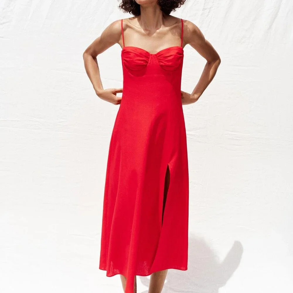 NWT ZARA LINEN MIDI CORSET DRESS S